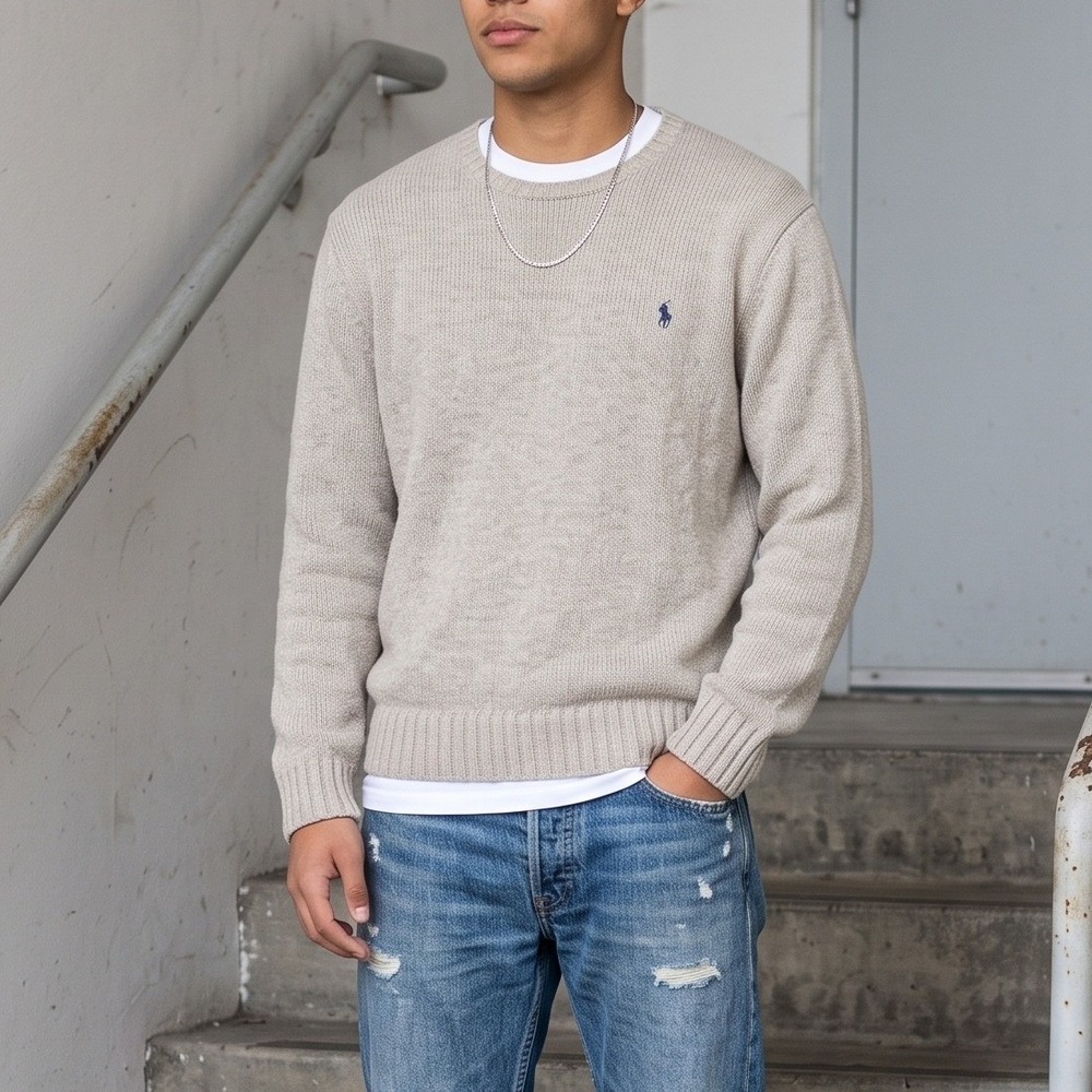 Vintage Polo Ralph Lauren Mens Sweater Large Oatmeal Knit Crew Neck Cotton Prep
